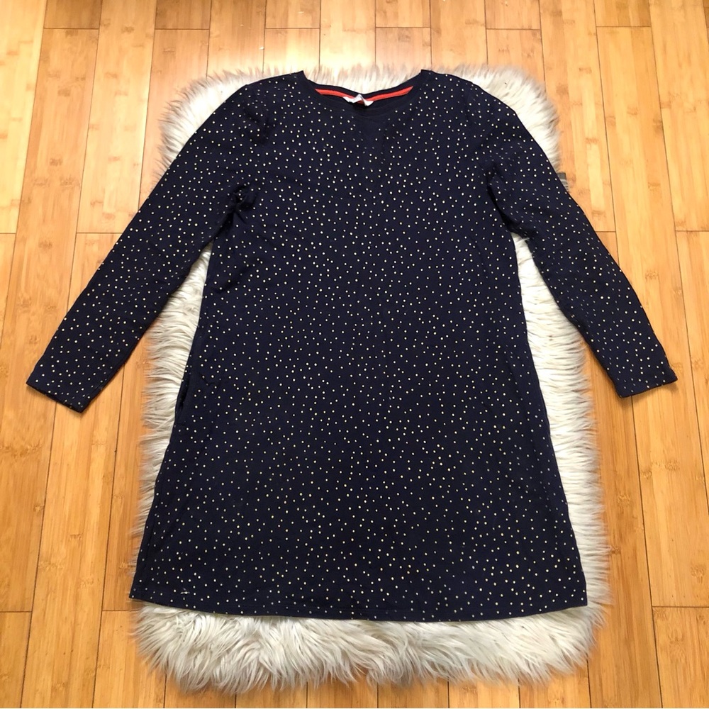 Boden Navy Gold Metallic Polka Dot Long Sleeve Relaxed Fit Shift Dress size 6